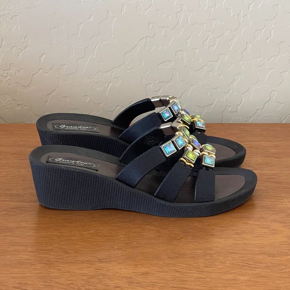 Grandco Sandals 6 Black Blue Green Crystals 3 Strap Slide Wedge - Picture 4 of 11